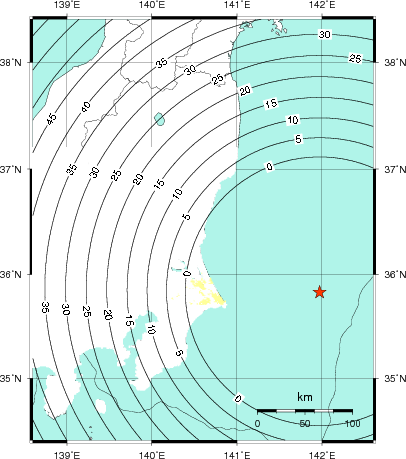 緊急地震速報第1報提供から主要動到達までの時間及び推計震度分布図