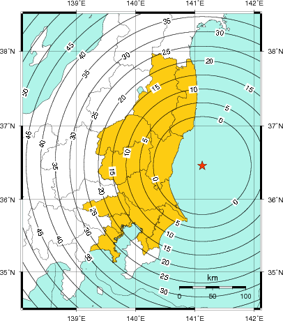 緊急地震速報（警報）第1報を発表した地域及び主要動到達までの時間