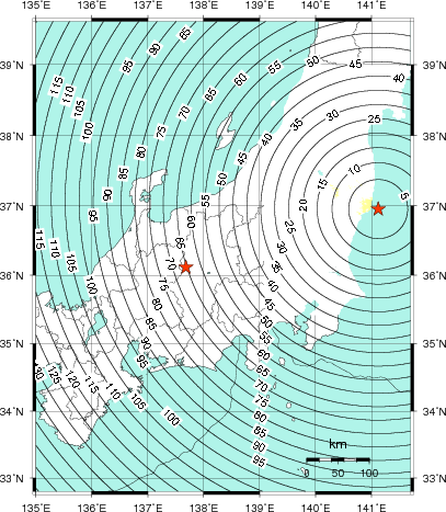 緊急地震速報第1報提供から主要動到達までの時間及び推計震度分布図