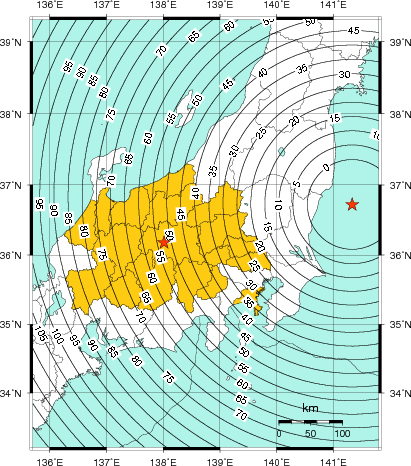 緊急地震速報（警報）第1報を発表した地域及び主要動到達までの時間