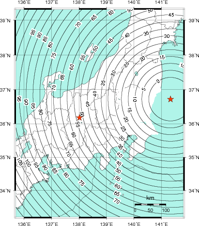 緊急地震速報第1報提供から主要動到達までの時間及び推計震度分布図