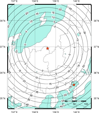 緊急地震速報第1報提供から主要動到達までの時間及び推計震度分布図