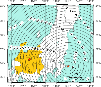 緊急地震速報（警報）第1報を発表した地域及び主要動到達までの時間