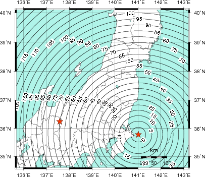 緊急地震速報第1報提供から主要動到達までの時間及び推計震度分布図