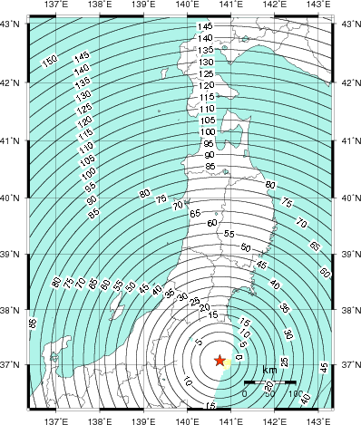 緊急地震速報第1報提供から主要動到達までの時間及び推計震度分布図