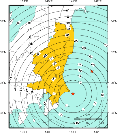 緊急地震速報（警報）第1報を発表した地域及び主要動到達までの時間