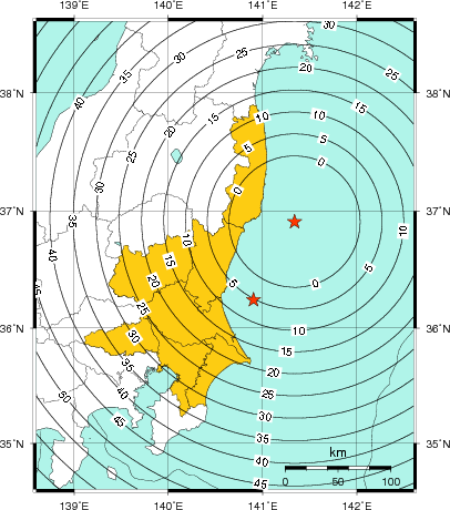 緊急地震速報（警報）第1報を発表した地域及び主要動到達までの時間