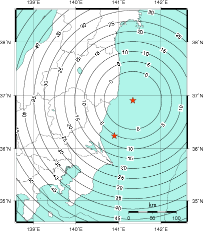 緊急地震速報第1報提供から主要動到達までの時間及び推計震度分布図