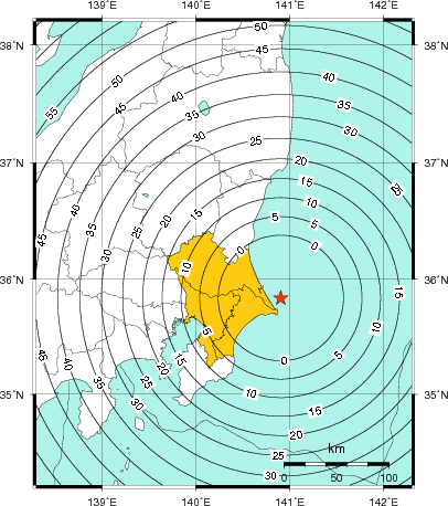 緊急地震速報（警報）第1報を発表した地域及び主要動到達までの時間