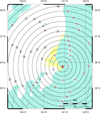 緊急地震速報第1報提供から主要動到達までの時間及び推計震度分布図