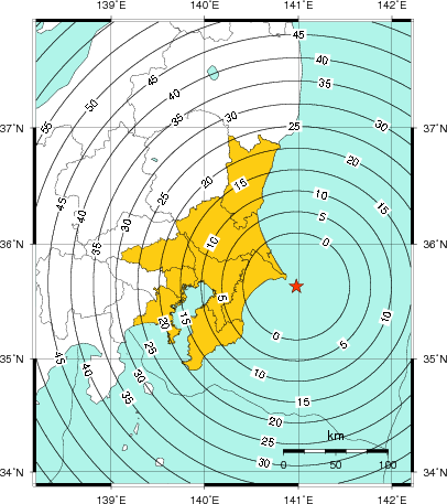 緊急地震速報（警報）第1報を発表した地域及び主要動到達までの時間