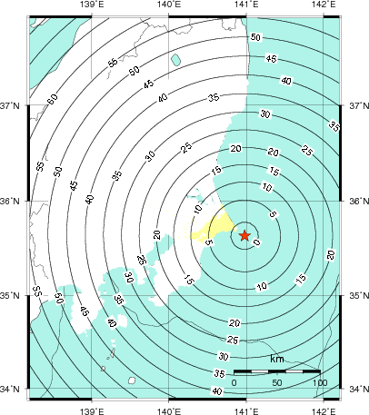 緊急地震速報第1報提供から主要動到達までの時間及び推計震度分布図