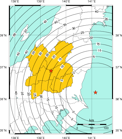 緊急地震速報（警報）第1報を発表した地域及び主要動到達までの時間