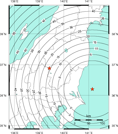 緊急地震速報第1報提供から主要動到達までの時間及び推計震度分布図