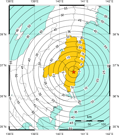 緊急地震速報（警報）第1報を発表した地域及び主要動到達までの時間