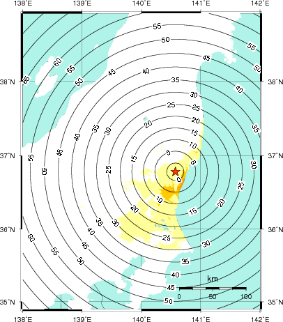 緊急地震速報第1報提供から主要動到達までの時間及び推計震度分布図