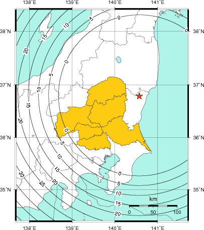 緊急地震速報（警報）第1報を発表した地域及び主要動到達までの時間