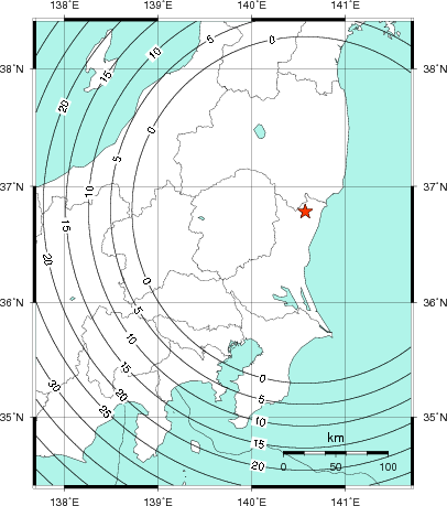 緊急地震速報第1報提供から主要動到達までの時間及び推計震度分布図