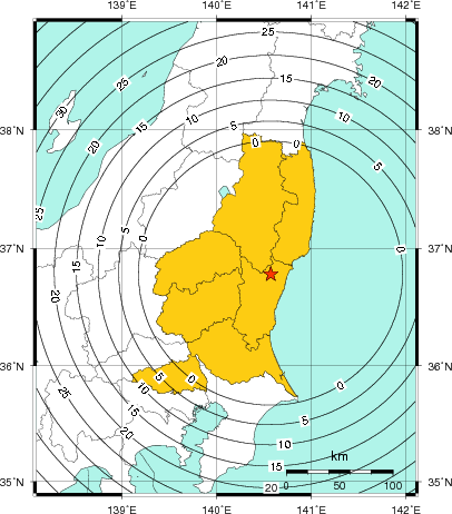 緊急地震速報（警報）第1報を発表した地域及び主要動到達までの時間