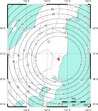 緊急地震速報第1報提供から主要動到達までの時間及び推計震度分布図