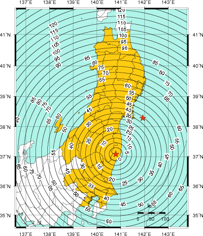 緊急地震速報（警報）第1報を発表した地域及び主要動到達までの時間