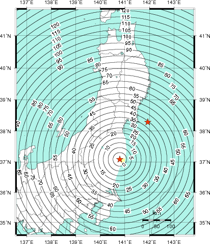 緊急地震速報第1報提供から主要動到達までの時間及び推計震度分布図