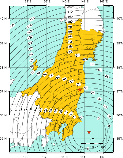 緊急地震速報（警報）第1報を発表した地域及び主要動到達までの時間