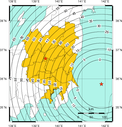 緊急地震速報（警報）第1報を発表した地域及び主要動到達までの時間