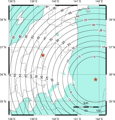 緊急地震速報第1報提供から主要動到達までの時間及び推計震度分布図