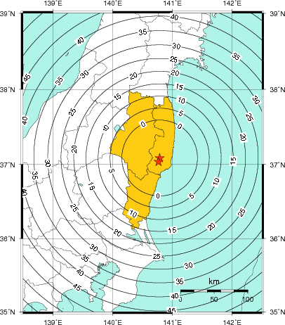 緊急地震速報（警報）第1報を発表した地域及び主要動到達までの時間