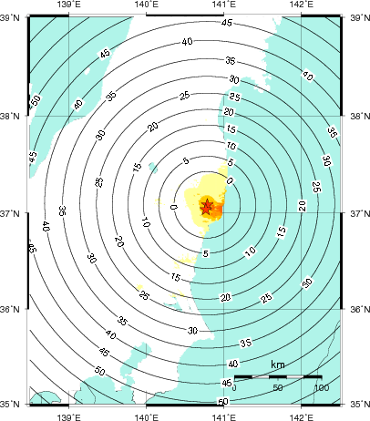緊急地震速報第1報提供から主要動到達までの時間及び推計震度分布図