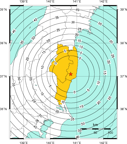 緊急地震速報（警報）第1報を発表した地域及び主要動到達までの時間