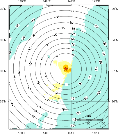 緊急地震速報第1報提供から主要動到達までの時間及び推計震度分布図