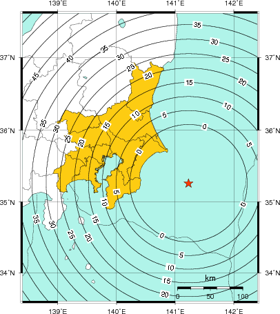 緊急地震速報（警報）第1報を発表した地域及び主要動到達までの時間