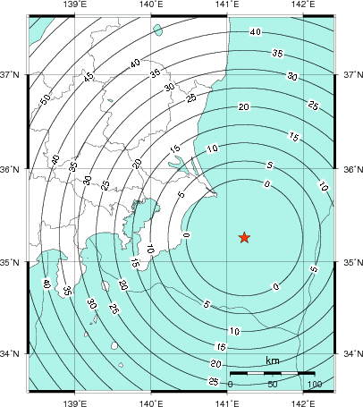 緊急地震速報第1報提供から主要動到達までの時間及び推計震度分布図