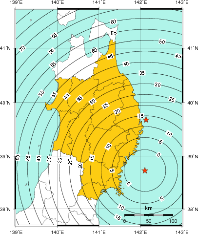 緊急地震速報（警報）第1報を発表した地域及び主要動到達までの時間