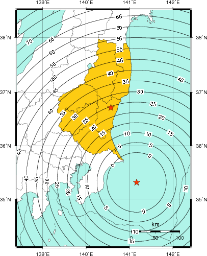 緊急地震速報（警報）第1報を発表した地域及び主要動到達までの時間