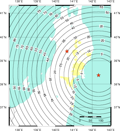 緊急地震速報第1報提供から主要動到達までの時間及び推計震度分布図