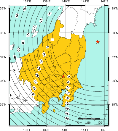 緊急地震速報（警報）第1報を発表した地域及び主要動到達までの時間