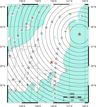 緊急地震速報第1報提供から主要動到達までの時間及び推計震度分布図