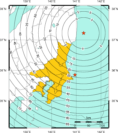 緊急地震速報（警報）第1報を発表した地域及び主要動到達までの時間