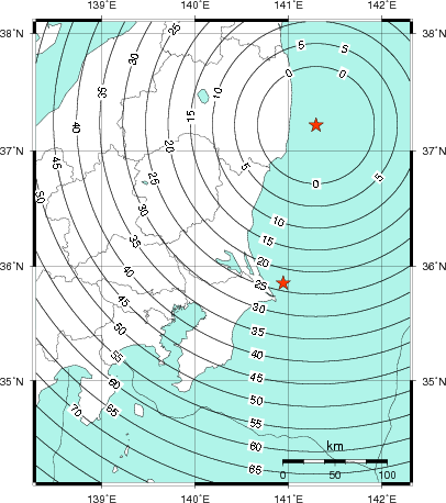 緊急地震速報第1報提供から主要動到達までの時間及び推計震度分布図