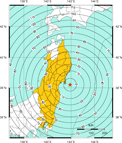 緊急地震速報（警報）第1報を発表した地域及び主要動到達までの時間