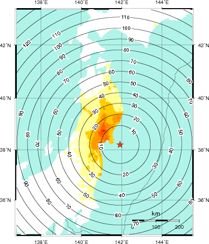 緊急地震速報第1報提供から主要動到達までの時間及び推計震度分布図