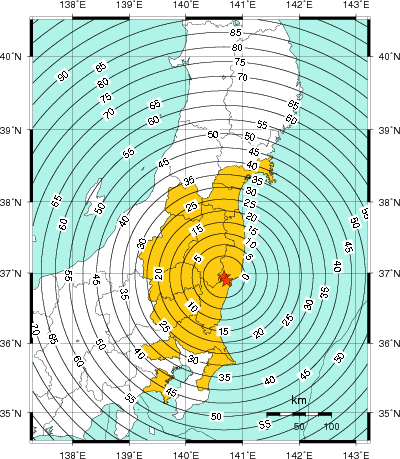 緊急地震速報（警報）第1報を発表した地域及び主要動到達までの時間