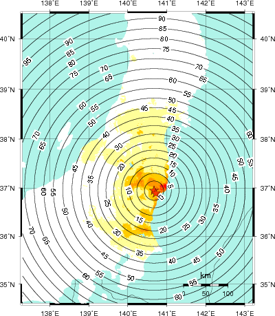 緊急地震速報第1報提供から主要動到達までの時間及び推計震度分布図