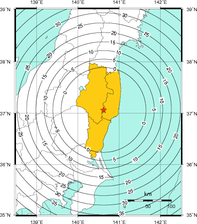 緊急地震速報（警報）第1報を発表した地域及び主要動到達までの時間