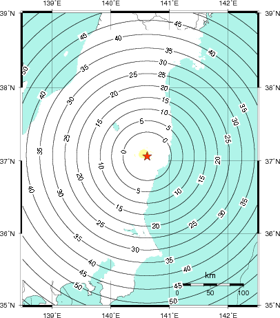 緊急地震速報第1報提供から主要動到達までの時間及び推計震度分布図