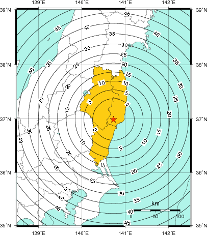 緊急地震速報（警報）第1報を発表した地域及び主要動到達までの時間