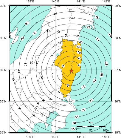 緊急地震速報（警報）第1報を発表した地域及び主要動到達までの時間